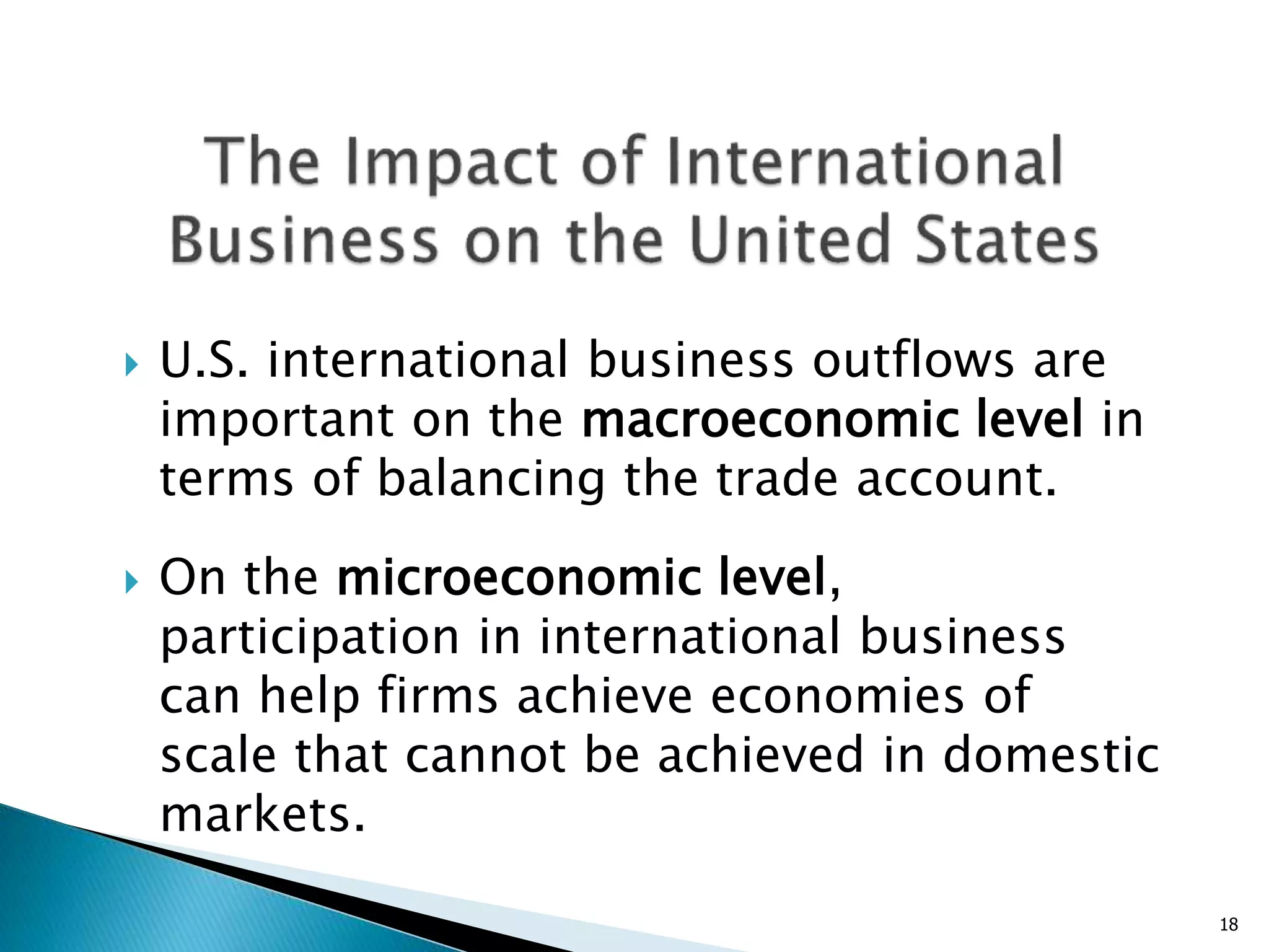  U.S. international business outflows are
important on the macroeconomic level in
terms of balancing the trade account.
 On the microeconomic level,
participation in international business
can help firms achieve economies of
scale that cannot be achieved in domestic
markets.
18
 