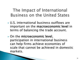  U.S. international business outflows are
important on the macroeconomic level in
terms of balancing the trade account.
 On the microeconomic level,
participation in international business
can help firms achieve economies of
scale that cannot be achieved in domestic
markets.
18
 