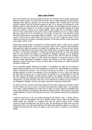 Ígnea, diosa hiriente
Hoy, como también ayer, hice esa parada en tiempo. De mi tiempo que se originó cualquier día.
Desde muy lejos regresé. No tengo creencia del por qué me había ausentado de este pueblito.
Miserable, dirán algunos y algunas. Para mí ha sido embeleso llano. Estando allá lo veía como
territorio insumiso. Que fue creciendo estando yo allá. En un proceso de decantación de las
palabras mayores. Para hacerlas más nítidas. Más simples a la entendedera de esas mujeres y
esos hombres que andaban en él, cuando no habían nacido. Una pulsión henchida me arropó
desde ese entonces. Cuando yo era simple plebeyo. Como sujeto ahí. Sin entender lo lejana
que es la vida; cuando ella es para quien la vive; simple acechanza. No por su negrura bella.
Más bien porque me fui en el viento que me recogió, un buen día. Y me llevó sin ningún
descanso, hasta donde me encontraba antes de regresar. Hoy, en este umbroso día, empecé a
recorrer lo que antes ya había hecho. Pero que, en el hoy mío, lo hago de nuevo. Tal vez
tratando de hacer de mis pasos una lentitud benévola. Tal vez para verificar si todo está ahora,
como estaba cuando me fui.
Camina que camina, llegué al parquecito de tantas historias vistas y oídas. No lo encontré
lúcido. Estaba abrigado por un tono gris, que parece recién hecho. Seguí por Calle Santander.
Solo observé el respiro de quienes ya se habían ido, después que yo. Un tono de vida incierta,
parecía ya. Seguí hasta la que fuera nuestra casa. Había nadie. Se fugaron desde hace más de
mil años. Y me dio por la pensadera. Trayendo acá la figura de Ámbar. La mujer que siempre
quise. En ese remolino de cuerpos, no la detecté Mi imaginario perplejo, se fue deslizando
hasta el solarcito de su casa. Donde jugábamos todos los días. Sentí un hálito de nostalgia,
aferrada a la puerta que daba a la calle. Desde esa dejadera de espasmos secretos. Como
yendo en vuelo, hasta hacer retroceder el tiempo. Para volverla a ver. Para acariciar sus ojos
benévolos. Llamé al viento que me llevó un día de esos en que pensar era simple elocuencia,
aferrada al ámbito suyo.
Fui a la escuelita aquella. Donde hice mil letras. Y mil palabras con ellas. En ese acento de
ilusión, traté de reconvenir a la duda manifiesta que siempre tuve. Preguntándome, en ejemplo,
sobre el comienzo del universo. Y por la hechura de vida de los dioses. Y, ahí al lado de esa
entrada, decanté yo mismo mis preguntas. Como reiterándolos. Fui al rio. Ese el del agua ya
ida. Solo hilito de agua es ya. Y recordé cuando me bañaba en el. Acompañado por el amigo
del alma. Mauricio Hernández. El poeta siempre enhiesto. Sin regatear conceptos y rimas. Lo
veo en ese dechado de imaginarios que tenía. Recordé, del mismo modo, la muerte de Estercita
Loboguerrero. La amiga de todos. Pero solo en uno depositó su condición de mujer amada. Y
veo al Rigoberto Machado. Con esa risa amplia y generosa. Al lado de la bella Esther.
De vuelta, tomé por el camino que siempre llamamos El Cruzado. Nadie pudo recordar el origen
de este nombre, que trae a cuento y a recuerdo esos ejércitos de golpes secos. Una amargura,
en sí misma. Sujetos poseídos por su dios. Para no dejar a su paso, siquiera la nostalgia de los
caídos, bajo sus lanzas y sus espadas. Me detuve a mitad de camino. Para respirar lo que todos
y todas dejamos en el aire. Esa sensación de ternura. Esa expresión etérea de los imaginarios
todos.
Y volvió el viento por mí. En una mañana parecida al del anterior vuelo. Y, desde arriba, a
ráfagas vi cómo se iba poblando otra vez el pueblito amado. Como si todo solo hubiera sido
simple pulsión mía. Adherida a la ceguera física que me cedió el mismo viento. Todavía
recuerdo el líquido incandescente que hirió mis ojos. Ese día después de haber visto a la mujer
esposa del viento. En la desnudez absoluta, Por haber osado quedarme absorto, sin retirar mi
mirada de la hermosura de cuerpo de Ígnea, la que hizo mecer mi espíritu, en esa latencia
habida.
 