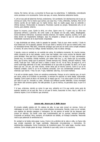misma. Por temor, tal vez, a encontrar la fisura que no advertimos. Y, hallándola, reivindicarla
como promesa a no reconocerla. Como eso que, en veces, llamamos estoicismo burdo.
Y, ahí en esa piel de laberinto formal, anclaríamos. Sin cambiarla. Sin deshacernos de lo que ya
vivimos sin verlo. Por lo mismo que somos una cosa hoy. Y otra, diferente, mañana. Pero en el
mismo cuento de ser tejido que no repite trenza. Que no repite aguja. Que se extiende a
infinita textura. Perdurando lo necesario. Muriendo cuando es propio. Renaciendo ahí, en el
mismo, pero distinto entorno.
Quien lo creyera, pues. Quién lo diría, sin oírse. Quien eres tú. Y quien soy yo. Sino esa
secuencia efímera y perenne. De corto vuelo y de alzada con las alas, todas, desplegadas.
Como cóndores milenarios. Sucesivos eventos diversos. Sin repetir, siquiera, sueños; en lo que
estos tienen de magnetismo biológico. Que ha atrapado y atrapa lo que se creía perdido.
Volviéndolo escenario de la duermevela enquistada.
Y, sigo diciéndolo así ahora, todo lo pasado ha pasado. Todo lo que viene vendrá. Y todo lo
tuyo estará ahí. En lo pasado, pasado. En lo que viene y vendrá. En lo que se volverá afán; mas
no necesidad formal. Más bien, inminente presagio que será así sin serlo como simple simpleza
sí misma. Ni como mera luz refleja. Siendo necesaria, más no obvia entrega.
Y siendo, como en verdad es, sin sentido de rutina. Ni nobiliario momento. Ni, mucho menos,
infeliz recuerdo de lo mal pasado, como cosa mal habida; sino como encina de latente calor
como blindaje. Para qué hoy y siempre, lo que es espíritu vivo, es decir, lo tuyo; permanezca.
Siendo hoy, no mañana. Siendo mañana, por haber sido hoy...y, así, hasta que yo sucumba.
Pero, por lo tanto, hasta que tú perdures. Siendo siempre hoy. Siendo, siempre mañana. Todo
vivido. Todo por vivir. Todo por morir y volver a nacer. En mí, no sé. Pero, de seguro sí, en ti
como luciérnaga adherida a la vida. Iluminándola en lo que esto es posible. Es decir, en lo que
tiene que ser. Sin ser, por esto mismo, volver atrás por el mismo camino. Como si ya no lo
hubieras andado. Como si ya no lo hubieras conocido. Con sus coordenadas precisas. Como
vivencias que fueron. Y hoy no son. Y que, habiendo sido hoy, no lo será mañana.
Y es ahí en donde quedo. Como en remolino envolvente. Porque no sé si decirte que, al morir
por verte, estoy en el énfasis no permitido, si siempre he querido no verte atada, subsumida;
repetida. Como quien le llora a la noche por lo negra que es. Y no como quien ríe en la noche,
por todo lo que es. Incluido su color. Incluido sus brillosos puntos titilantes. Como mensajes
que vienen del universo ignoto. Por allá perdido. O, por lo menos, no percibido aquí; ni por ti ni
por mí.
Y sí que, entonces, siendo yo como lo que soy; advierto en tí lo que serás como guía de
quienes vendrán no sé qué día. Pero si sé que lo harán, buscando tu faro. Aquí y allá. En el
universo lejano. O en el entorno que amamos.
Locura mía, locura por ti. Bella locura
El erizado cabello estaba ahí. En cabeza de ella; la que solo conocí en ciernes. Como al
relámpago no sutil. Por lo mismo que como afanoso convocante. Siendo, como es en verdad,
una especie de alondra pasajera y mensajera. Se me parece al verdor de los bosques que
crecen en silencio. Sin sentir unos ojos ensimismados por su pureza; siempre presente.
Creciendo en lentitud. Pero, siempre, en ebullición de células, en trabajo constante. Haciendo
real lo que potencial al sembrarlos era.
En verdad no la había visto pasar nunca. Como si la urdimbre de la vida e n ella, no fuera más
que simple expresión de fugaz cantinela. Abarcando circunstancias y momentos. En
sentimientos explayada. Como momentos de transitorio paso. Por cada lugar, muchas veces
umbríos. Como simple pasar de largo. Sintiendo lo que está; como si no estuviera.
 