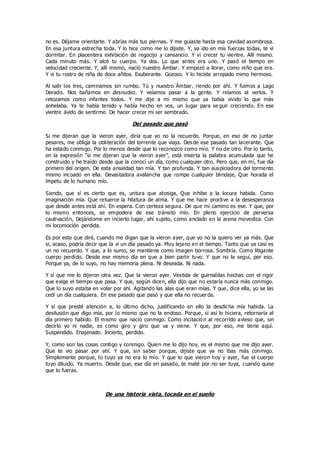 no es. Déjame orientarte. Y abrías más tus piernas. Y me guiaste hasta esa cavidad asombrosa.
En esa juntura estrecha toda. Y lo hice como me lo dijiste. Y, ya ido en mis fuerzas todas, te vi
dormitar. En placentera exhibición de regocijo y cansancio. Y vi crecer tu vientre. Allí mismo.
Cada minuto más. Y alcé tu cuerpo. Ya dos. Lo que antes era uno. Y pasó el tiempo en
velocidad creciente. Y, allí mismo, nació nuestro Ámbar. Y empezó a llorar, como niño que era.
Y vi tu rostro de niña de doce añitos. Exuberante. Gozoso. Y lo hiciste arropado mimo hermoso.
Al salir los tres, caminamos sin rumbo. Tú y nuestro Ámbar, riendo por ahí. Y fuimos a Lago
Dorado. Nos bañamos en desnudez. Y veíamos pasar a la gente. Y reíamos al verlos. Y
retozamos como infantes todos. Y me dije a mi mismo que ya había vivido lo que más
anhelaba. Ya te había tenido y había hecho en vos, un lugar para se guir creciendo. En ese
vientre ávido de sentirme. De hacer crecer mi ser sembrado.
Del pasado que pasó
Si me dijeran que la vieron ayer, diría que yo no la recuerdo. Porque, en eso de no juntar
pesares, me obliga la obliteración del torrente que viaja. Des de ese pasado tan lacerante. Que
ha estado conmigo. Por lo menos desde que lo reconozco como mío. Y no de otro. Por lo tanto,
en la expresión “si me dijeran que la vieron ayer”, está inserta la palabra acumulada que he
construido y he traído desde que la conocí un día, como cualquier otro. Pero que, en mí, fue día
primero del origen. De esta ansiedad tan mía. Y tan profunda. Y tan auspiciadora del tormento
mismo incoado en ella. Devastadora avalancha que rompe cualquier blindaje, Que horada el
ímpetu de lo humano mío.
Siendo, que sí es cierto que es, untura que atosiga, Que inhibe a la locura habida. Como
imaginación mía. Que retuerce la hilatura de alma. Y que me hace proclive a la desesperanza
que desde antes está ahí. En espera. Con certeza segura. De que mi camino es ese. Y que, por
lo mismo entonces, se empodera de ese tránsito mío. En pleno ejercicio de perversa
cautivación, Dejándome en incierto lugar, ahí sujeto, como anclado en la arena movediza. Con
mi locomoción perdida.
Es por esto que diré, cuando me digan que la vieron ayer, que yo no la quiero ver ya más. Que
si, acaso, podría decir que la vi un día pasado ya. Muy lejano en el tiempo. Tanto que ya casi es
un no recuerdo. Y que, a lo sumo, se mantiene como imagen borrosa. Sombría. Como litigante
cuerpo perdido. Desde ese mismo día en que a bien partir tuvo. Y que no la seguí, por eso.
Porque ya, de lo suyo, no hay memoria plena. Ni deseada. Ni nada.
Y sí que me lo dijeron otra vez. Que la vieron ayer. Vestida de guirnaldas hechas con el rigor
que exige el tiempo que pasa. Y que, según dicen, ella dijo que no estaría nunca más conmigo.
Que lo suyo estaba en volar por ahí. Agitando las alas que eran mías. Y que, dice ella, yo se las
cedí un día cualquiera. En ese pasado que pasó y que ella no recuerda.
Y sí que presté atención a, lo último dicho, justificando en ello la desdicha mía habida. La
desilusión que digo mía, por lo mismo que no la endoso. Porque, si así lo hiciera, retornaría al
día primero habido. El mismo que nació conmigo. Como incitació n al recorrido avieso que, sin
decirlo yo ni nadie, es como giro y giro que va y viene. Y que, por eso, me tiene aquí.
Suspendido. Enajenado. Incierto, perdido.
Y, como son las cosas contigo y conmigo. Quien me lo dijo hoy, es el mismo que me dijo ayer.
Que te vio pasar por ahí. Y que, sin saber porque, dijiste que ya no ibas más conmigo.
Simplemente porque, lo tuyo ya no era lo mío. Y que lo que vieron hoy y ayer, fue el cuerpo
tuyo diluido. Ya muerto. Desde que, ese día en pasado, te maté por no ser tuya, cuando quise
que lo fueras.
De una historia vista, tocada en el sueño
 