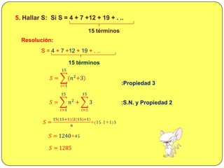 𝑥=1𝑛2𝑥=342<br /> <br />4. Hallar n: <br />Resolución:<br />𝑥=1𝑛2𝑥=342<br /> <br />:S.N. números pares<br />𝑛(𝑛+1)=342<br /...