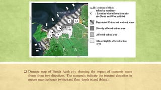  Damage map of Banda Aceh city showing the impact of tsunamis wave
fronts from two directions. The numerals indicate the tsunami elevation in
meters near the beach (white) and flow depth inland (black).
 