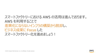 © 2019, Amazon Web Services, Inc. or its Affiliates. All rights reserved.
スマートファクトリーにおける AWS の活用は進んでおります。
AWS を利用することで
差異化にならないインフラの構築から脱却し、
ビジネス成果に Focus した
スマートファクトリー化を進めましょう！
 