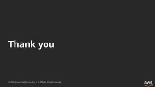 © 2020, Amazon Web Services, Inc. or its Affiliates. All rights reserved.
マスター テキストの書式設定
• 第 2 レベル
• 第 3 レベル
第 4 レベル
第 5 レベル
Thank you
 