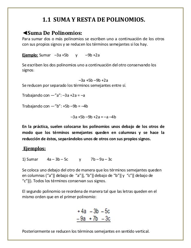 Explicacion De Polinomios Suma Y Resta