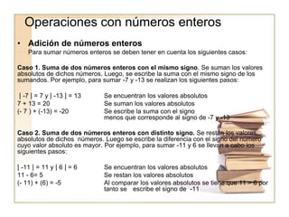 Operaciones con números enteros
• Adición de números enteros
Para sumar números enteros se deben tener en cuenta los siguientes casos:
Caso 1. Suma de dos números enteros con el mismo signo. Se suman los valores
absolutos de dichos números. Luego, se escribe la suma con el mismo signo de los
sumandos. Por ejemplo, para sumar -7 y -13 se realizan los siguientes pasos:
| -7 | = 7 y | -13 | = 13 Se encuentran los valores absolutos
7 + 13 = 20 Se suman los valores absolutos
(- 7 ) + (-13) = -20 Se escribe la suma con el signo
menos que corresponde al signo de -7 y -13
Caso 2. Suma de dos números enteros con distinto signo. Se restan los valores
absolutos de dichos números. Luego se escribe la diferencia con el signo del número
cuyo valor absoluto es mayor. Por ejemplo, para sumar -11 y 6 se llevan a cabo los
siguientes pasos:
| -11 | = 11 y | 6 | = 6 Se encuentran los valores absolutos
11 - 6= 5 Se restan los valores absolutos
(- 11) + (6) = -5 Al comparar los valores absolutos se tiene que 11 > 6 por
tanto se escribe el signo de -11
 