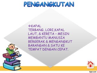 KAPAL
TERBANG, LORI,KAPAL
LAUT, & KERETA – MESIN
MEMBANTU MANUSIA
BERGERAK & MENGANGKUT
BARANGAN & SATU KE
TEMPAT DENGAN CEPAT.
 