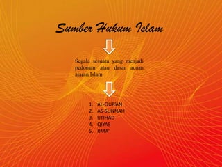 Sumber Hukum Islam

   Segala sesuatu yang menjadi
   pedoman atau dasar acuan
   ajaran Islam




        1.   AL-QUR’AN
        2.   AS-SUNNAH
        3.   IJTIHAD
        4.   QIYAS
        5.   IJMA’
 