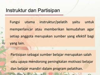 Fungsi utama instruktur/pelatih yaitu untuk
memperlancar atau memberikan kemudahan agar
setiap anggota merupakan sumber yang efektif bagi
yang lain.
Partisipan sebagai sumber belajar merupakan salah
satu upaya mendorong peningkatan motivasi belajar
dan belajar mandiri dalam program pelatihan.
Instruktur dan Partisipan
 