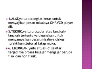  4.ALAT,yaitu perangkat keras untuk
menyajikan pesan misalnya OHP,VCD player
dll.
 5.TEKNIK,yaitu prosudur atau langkah-
langkah tertentu yg digunakan untuk
menyampaikan pesan.misalnya diskusi
,praktikum,tutorial tatap muka.
 6. LIKUNGAN,yaitu situasi di sekitar
terjadinya proses belajar mengajar berupa
fisik dan non fisisk.
 