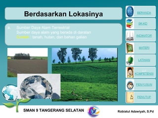 Berdasarkan Lokasinya
a.   Sumber Daya Alam Terrestrial
     Sumber daya alam yang berada di daratan
     Contoh : tanah, hutan, dan bahan galian




        SMAN 9 TANGERANG SELATAN               Robiatul Adawiyah, S.Pd
 