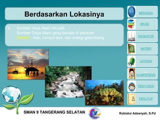 Berdasarkan Lokasinya
b.   Sumber daya Alam Akuatik
     Sumber Daya Alam yang berada di perairan
     Contoh : ikan, rumput laut, dan energi gelombang




        SMAN 9 TANGERANG SELATAN                        Robiatul Adawiyah, S.Pd
 