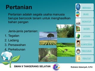 Pertanian
  Pertanian adalah segala usaha manusia
  berupa bercocok tanam untuk menghasilkan
  bahan pangan

   Jenis-jenis pertanian:
1. Tegalan
2. Ladang
3. Persawahan
4. Perkebunan




       SMAN 9 TANGERANG SELATAN              Robiatul Adawiyah, S.Pd
 