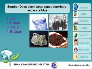 Sumber Daya alam yang dapat diperbarui
            secara siklus

1. Air
2. Udara
3. Tanah
4. Batuan




    SMAN 9 TANGERANG SELATAN             Robiatul Adawiyah, S.Pd
 