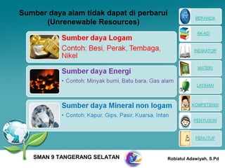 Sumber daya alam tidak dapat di perbarui
      (Unrenewable Resources)




   SMAN 9 TANGERANG SELATAN            Robiatul Adawiyah, S.Pd
 