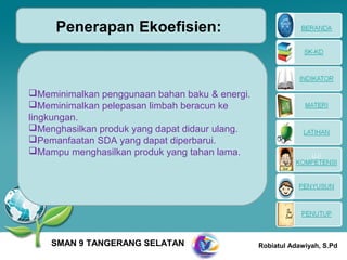 Penerapan Ekoefisien:



Meminimalkan penggunaan bahan baku & energi.
Meminimalkan pelepasan limbah beracun ke
lingkungan.
Menghasilkan produk yang dapat didaur ulang.
Pemanfaatan SDA yang dapat diperbarui.
Mampu menghasilkan produk yang tahan lama.




    SMAN 9 TANGERANG SELATAN                    Robiatul Adawiyah, S.Pd
 