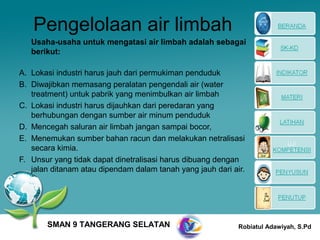 Pengelolaan air limbah
   Usaha-usaha untuk mengatasi air limbah adalah sebagai
   berikut:

A. Lokasi industri harus jauh dari permukiman penduduk
B. Diwajibkan memasang peralatan pengendali air (water
   treatment) untuk pabrik yang menimbulkan air limbah
C. Lokasi industri harus dijauhkan dari peredaran yang
   berhubungan dengan sumber air minum penduduk
D. Mencegah saluran air limbah jangan sampai bocor,
E. Menemukan sumber bahan racun dan melakukan netralisasi
   secara kimia.
F. Unsur yang tidak dapat dinetralisasi harus dibuang dengan
   jalan ditanam atau dipendam dalam tanah yang jauh dari air.




       SMAN 9 TANGERANG SELATAN                             Robiatul Adawiyah, S.Pd
 