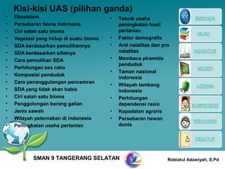 Kisi-kisi UAS (pilihan ganda)
•   Ekosistem                            •   Teknik usaha
•   Persebaran fauna indonesia               peningkatan hasil
•   Ciri salah satu bioma                    pertanian
•   Vegetasi yang hidup di suatu bioma   •   Faktor demografis
•   SDA berdasarkan pemulihannya         •   Anti natalitas dan pro
•   SDA berdasarkan sifatnya                 natalitas
•   Cara pemulihan SDA                   •   Membaca piramida
                                             penduduk
•   Perhitungan sex ratio
                                         •   Taman nasional
•   Komposisi penduduk
                                             indonesia
•   Cara penanggulangan pencemran        •   Wilayah tambang
•   SDA yang tidak akan habis                indonesia
•   Ciri salah satu bioma                •   Perhitungan
•   Penggolongan barang galian               dependensi rasio
•   Jenis sawah                          •   Kepadatan agraris
•   Wilayah peternakan di indonesia      •   Persebaran hewan
•   Peningkatan usaha pertanian              dunia




           SMAN 9 TANGERANG SELATAN                               Robiatul Adawiyah, S.Pd
 