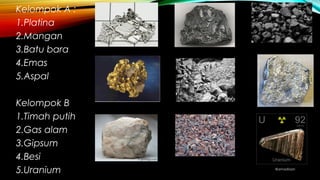 Kelompok A :
1.Platina
2.Mangan
3.Batu bara
4.Emas
5.Aspal
Kelompok B
1.Timah putih
2.Gas alam
3.Gipsum
4.Besi
5.Uranium @amadiaan
 