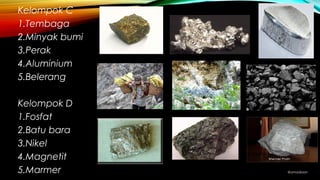 Kelompok C
1.Tembaga
2.Minyak bumi
3.Perak
4.Aluminium
5.Belerang
Kelompok D
1.Fosfat
2.Batu bara
3.Nikel
4.Magnetit
5.Marmer @amadiaan
 