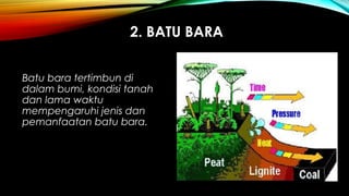 2. BATU BARA
Batu bara tertimbun di
dalam bumi, kondisi tanah
dan lama waktu
mempengaruhi jenis dan
pemanfaatan batu bara.
 