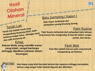 Hasil
Olahan
Mineral
Tanah Liat
Tanah Liat adalah tanah yang
mengandung lempung (65%), butir-
butirnya sangat halus, sehingga rapat
dan sulit menyerap air.
Emas
Batuan Mulia yang memiliki warna
yang indah, sangat berharga
sehingga dijadikan patokan dalam
keuangan.
batu kapur yang telah berubah bentuk dan rupanya sehingga merupakan
batuan yang sangat indah setelah digosok dan dilicinkan.
Marmer
Batu Gamping ( Kapur )
Batu kapur terbentuk dari
pelapukan sarang binatang karang.
Pasir Kuarsa
Pasir Kuarsa terbentuk dari pelapukan batu-batuan
yang hanyut lalu mengendap di daerah sekitar sungai,
pantai, dan danau.
Pasir Besi
Pasir Besi adalah batuan pasir yang banyak
mengandung zat besinya.
 