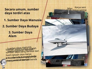 Secara umum, sumber
daya terdiri atas
1. Sumber Daya Manusia
2. Sumber Daya Budaya
3. Sumber Daya
Alam
Sumber daya manusia merupakan
potensi yang dimiliki manusia yang
dapat dimanfaatkan demi
kesejahteraan hidupnya. Meliputi
jumlah, tenaga dan
kepemimpinannya
Sumber daya manusia
dikelompokkan menjadi :
a. Sumber daya tenaga kerja
(man power resources)
b. Sumber daya
mental (mental
resources)
Sumber daya budaya adalah
sumber daya yang berasal dari
hasil ciptaan atau karya
manusia baik berupa benda
maupun tidak berupa benda
Karya seni
(tari, puisi, sajak, karya sastra)
Jalan
Bangunan
Kendaraan
 