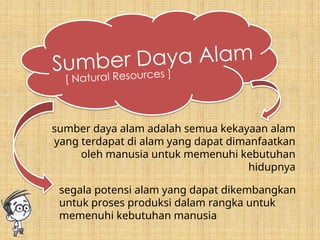 segala potensi alam yang dapat dikembangkan
untuk proses produksi dalam rangka untuk
memenuhi kebutuhan manusia
Sumber Daya Alam
[ Natural Resources ]
sumber daya alam adalah semua kekayaan alam
yang terdapat di alam yang dapat dimanfaatkan
oleh manusia untuk memenuhi kebutuhan
hidupnya
 