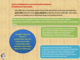 JENIS SUMBERDAYA ALAM KAITANNYA DENGAN
PENERIMAAN DAN BIAYA
kalau dilihat dari cara pandang ekonomi konsep habis akan berbeda, karena bisa saja sumberdaya
secara fisik masih ada, namun secara ekonomis sumberdaya tersebut sudah habis. Atau dengan
kata lain cara pandang secara fisik berbeda dengan cara pandang ekonomis.
Tolak ukur dari pandangan ekonomi terhadap sumberdaya alam adalah
penerimaan dan biaya yang dikeluarkan untuk peroses pengambilan sumberdaya
alam.
mungkin saja jauh
sebelum
sumberdaya alam itu
habis secara fisik,
sumberdaya alam
tersebut sudah habis
dalam arti ekonomis.
Jika penerimaan yang diperoleh dari sumberdaya
alam tersebut lebih besar dibandingkan dengan
biaya yang harus dikeluarkan untuk proses
pengambilannya, maka secara ekonomis
sumberdaya alam tersebut tersebut tidak habis.
Namun jika penerimaan yang diperoleh dari
sumberdaya alam tersebut lebih rendah dibandingkan
dengan biaya-biaya yang harus dikeluarkan untuk
proses pengambilannya, maka secara ekonomis
sumberdaya alam tersebut habis, meskipun secara
fisik sumberdaya tersebut masih ada.
 