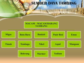 SUMBER DAYA TAMBANG

MACAM – MACAM BARANG
TAMBANG

Migas

Batu Bara

Bauksit

Pasir Besi

Emas

Timah

Tembaga

Nikel

Aspal

Mangaan

Belerang

Marmer

Yodium

 