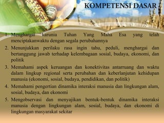 1. Menghargai karunia Tuhan Yang Maha Esa yang telah
menciptakanwaktu dengan segala perubahannya
2. Menunjukkan perilaku rasa ingin tahu, peduli, menghargai dan
bertanggung jawab terhadap kelembagaan sosial, budaya, ekonomi, dan
politik
3. Memahami aspek keruangan dan konektivitas antarruang dan waktu
dalam lingkup regional serta perubahan dan keberlanjutan kehidupan
manusia (ekonomi, sosial, budaya, pendidikan, dan politik)
4. Memahami pengertian dinamika interaksi manusia dan lingkungan alam,
sosial, budaya, dan ekonomi
5. Mengobservasi dan menyajikan bentuk-bentuk dinamika interaksi
manusia dengan lingkungan alam, sosial, budaya, dan ekonomi di
lingkungan masyarakat sekitar

 