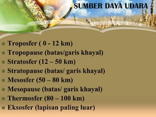 SUMBER DAYA UDARA










Troposfer ( 0 - 12 km)
Tropopause (batas/garis khayal)
Stratosfer (12 – 50 km)
Stratopause (batas/ garis khayal)
Mesosfer (50 – 80 km)
Mesopause (batas/ garis khayal)
Thermosfer (80 – 100 km)
Eksosfer (lapisan paling luar)

 