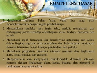 1. Menghargai karunia Tuhan Yang Maha Esa yang telah
menciptakanwaktu dengan segala perubahannya
2. Menunjukkan perilaku rasa ingin tahu, peduli, menghargai dan
bertanggung jawab terhadap kelembagaan sosial, budaya, ekonomi, dan
politik
3. Memahami aspek keruangan dan konektivitas antarruang dan waktu
dalam lingkup regional serta perubahan dan keberlanjutan kehidupan
manusia (ekonomi, sosial, budaya, pendidikan, dan politik)
4. Memahami pengertian dinamika interaksi manusia dan lingkungan
alam, sosial, budaya, dan ekonomi
5. Mengobservasi dan menyajikan bentuk-bentuk dinamika interaksi
manusia dengan lingkungan alam, sosial, budaya, dan ekonomi di
lingkungan masyarakat sekitar

 