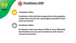 Pendekatan SDM
Pendekatan Makro
Pendekatan Mikro
Pendekatan mikro diartikan penganalisisan dan pengkajian
sumber daya manusia dari ruang lingkup yang lebih sempit
dalam perusahaan
Pendekatan makro atau ekonomi SDM, di mana SDM dikaji
dan dianalisis secara luas dan menyeluruh, baik nasional
maupun internasional
 