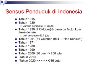 Sensus Penduduk di Indonesia
 Tahun 1815
 Tahun 1920
 Jumlah penduduk 34,3 juta
 Tahun 1930 (7 Oktober) Jawa de facto, Luar
Jawa de jure
 Jml penduduk 60,7 juta
 Tahun 1961 (31 Oktober 1961 – “Hari Sensus”)
 Tahun 1971
 Tahun 1980
 Tahun 1990
 Tahun 2000 (30 Juni) > 200 juta
 Tahun 2010
 Tahun 2020 >>>>>>>265 Juta
 