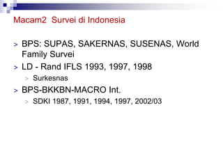 Macam2 Survei di Indonesia
> BPS: SUPAS, SAKERNAS, SUSENAS, World
Family Survei
> LD - Rand IFLS 1993, 1997, 1998
> Surkesnas
> BPS-BKKBN-MACRO Int.
> SDKI 1987, 1991, 1994, 1997, 2002/03
 