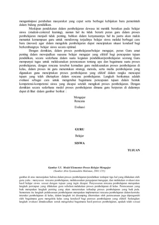 mengantisipasi perubahan masyarakat yang cepat serta berbagai kebijakan baru pemerintah
dalam bidang pendidikan.
Meskipun pendekatan dalam pembelajaran dewasa ini menitik beratkan pada belajar
siswa (student-centered learning), namun hal itu tidak berarti peran guru dalam proses
pembelajaran menjadi tidak penting, bahkan dalam kenyataannya hal itu justru akan makin
menuntut kemampuan guru untuk mendorong terjadinya belajar siswa melalui berbagai cara
baru (inovasi) agar dalam mengelola pembelajaran dapat menciptakan situasi kondusif bagi
berkembangnya belajar siswa secara optimal.
Dengan demikian, dalam proses pembelajaran/belajar mengajar, peran Guru amat
penting dalam mewujudkan suasana belajar mengajar yang efektif bagi pencapaian tujuan
pendidikan, secara sederhana dalam suatu kegiatan pendidikan/pembelajaran seorang Guru
mempunyai tugas untuk melaksanakan perencanaan tentang apa dan bagaimana suatu proses
pembelajaran, dengan rencana tersebut kemudian guru melaksanakan proses pembelajaran di
kelas, dalam proses ini guru menentukan strategi, metoda, serta media pembelajaran yang
digunakan guna menciptakan proses pembelajaran yang efektif dalam rangka mencapai
tujuan yang telah ditetapkan dalam rencana pembelajaran. Langkah berikutnya adalah
evaluasi sebagai cara untuk mengetahui bagaimana pencapaian tujuan dalam bentuk
kompetensi-kompetensi siswa yang dicapai setelah mengikuti proses pembelajaran. Dengan
demikian secara sederhana model proses pembelajaran dimana guru berperan di dalamnya
dapat di lihat dalam gambar berikut :
Mengajar
Rencana
Evaluasi
GURU
Belajar
SISWA
TUJUAN
Gambar 5.5. Model Elementer Proses Belajar Mengajar
(Sumber Abin Syamsuddin Makmun, 2001:155)
gambar di atas menunjukan bahwa dalam proses pembelajaran/pendidikan terdapat tiga hal yang dilakukan oleh
guru yaitu : menyusun rencana pembelajaran, melaksanakan pengajaran/mengajar, dan melakukan evaluasi atas
hasil belajar siswa sesuai dengan tujuan yang ingin dicapai. Penyusunan rencana pembelajaran merupakan
langkah persiapan yang dilakukan guru sebelum melakukan proses pembelajaran di kelas. Perencanaan yang
baik merupakan langkah penting yang akan menentukan terhadap proses pembelajaran yang baik pula.
Sementara itu langkah pelaksanaan pembelajaran merupakan implementasi rencana pembelajaran dalam konteks
interaksi pembelajaran di kelas, dalam langkah ini disamping ditentukan oleh perencanaan juga dipengaruhi
oleh bagaimana guru mengelola kelas yang kondusif bagi peroses pembelajaran yang efektif. Sedangkan
langkah evaluasi dimaksudkan untuk mengetahui bagaimana hasil peroses pembelajaran, apakah telah s esuai
 