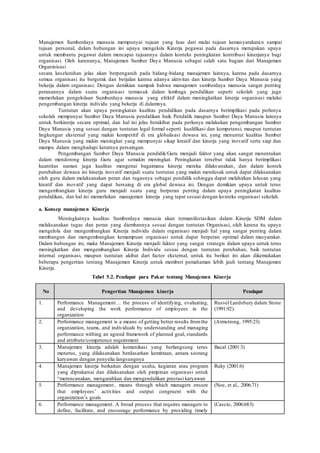 Manajemen Sumberdaya manusia mempunyai tujuan yang luas dari mulai tujuan kemasyarakatan sampai
tujuan personal, dalam hubungan ini upaya mengelola Kinerja pegawai pada dasarnya merupakan upaya
untuk membantu pegawai dalam mencapai tujuannya dalam konteks peningkatan kontribusi kinerjanya bagi
organisasi. Oleh karenanya, Manajemen Sumber Daya Manusia sebagai salah satu bagian dari Manajemen
Organinisasi
secara keseluruhan jelas akan berpengaruh pada bidang-bidang manajemen lainnya, karena pada dasarnya
semua organisasi itu bergerak dan berjalan karena adanya aktivitas dan kinerja Sumber Daya Manusia yang
bekerja dalam organisasi. Dengan demikian nampak bahwa manajemen sumberdaya manusia sangat penting
peranannya dalam suatu organisasi termasuk dalam lembaga pendidikan seperti sekolah yang juga
memerlukan pengelolaan Sumberdaya manusia yang efektif dalam meningkatkan kinerja organisasi melalui
pengembangan kinerja individu yang bekerja di dalamnya.
Tuntutan akan upaya peningkatan kualitas pendidikan pada dasarnya berimplikasi pada perlunya
sekolah mempunyai Sumber Daya Manusia pendidikan baik Pendidik maupun Sumber Daya Manusia lainnya
untuk berkinerja secara optimal, dan hal ini jelas berakibat pada perlunya melakukan pengembangan Sumber
Daya Manusia yang sesuai dengan tuntutan legal formal seperti kualifikasi dan kompetensi, maupun tuntutan
lingkungan eksternal yang makin kompetitif di era globalisasi dewasa ini, yang menuntut kualitas Sumber
Daya Manusia yang makin meningkat yang mempunyai sikap kreatif dan kinerja yang inovatif serta siap dan
mampu dalam menghadapi ketatnya persaingan.
Pengembangan Sumber Daya Manusia pendidik/Guru menjadi faktor yang akan sangat menentukan
dalam mendorong kinerja Guru agar semakin meningkat. Peningkatan tersebut tidak hanya berimplikasi
kuantitas namun juga kualitas mengenai bagaimana kinerja mereka dilaks anakan, dan dalam kontek
perubahan dewasa ini kinerja inovatif menjadi suatu tuntutan yang makin mendesak untuk dapat dilaksanakan
oleh guru dalam melaksanakan peran dan tugasnya sebagai pendidik sehingga dapat melahirkan lulusan yang
kreatif dan inovatif yang dapat bersaing di era global dewasa ini. Dengan demikian upaya untuk terus
mengembangkan kinerja guru menjadi suatu yang berperan penting dalam upaya peningkatan kualitas
pendidikan, dan hal ini memerlukan manajemen kinerja yang tepat sesuai dengan konteks organisasi sekolah.
a. Konsep manajemen Kinerja
Meningkatnya kualitas Sumberdaya manusia akan termanifestasikan dalam Kinerja SDM dalam
melaksanakan tugas dan peran yang diembannya sesuai dengan tuntutan Organisasi, oleh karena itu upaya
mengelola dan mengembangkan Kinerja individu dalam organisasi menjadi hal yang sangat penting dalam
membangun dan mengembangkan kemampuan organisasi untuk dapat berperan optimal dalam masyarakat.
Dalam hubungan ini, maka Manajemen Kinerja menjadi faktor yang sangat strategis dalam upaya untuk terus
meningkatkan dan mengembangkan Kinerja Individu sesuai dengan tuntutan perubahan, baik tuntutan
internal organisasi, maupun tuntutan akibat dari factor eksternal, untuk itu berikut ini akan dikemukakan
beberapa pengertian tentang Manajemen Kinerja untuk memberi pemahaman lebih jauh tentang Manajemen
Kinerja.
Tabel 5.2. Pendapat para Pakar tentang Manajemen Kinerja
No Pengertian Manajemen kinerja Pendapat
1. Performance Management… the process of identifying, evaluating,
and developing the work performance of employees in the
organization
Russel Landsbury dalam Stone
(1991:92).
2. Performance management is a means of getting better results fromthe
organization, teams, and individuals by understanding and managing
performance withing an agreed framework of planned goal, standards
and attribute/competence requirement
(Armstrong, 1995:23)
3. Manajemen kinerja adalah komunikasi yang berlangsung terus
menerus, yang dilaksanakan berdasarkan kemitraan, antara seorang
karyawan dengan penyelia langsungnya
Bacal (2001:3)
4. Manajemen kinerja berkaitan dengan usaha, kegiatan atau program
yang diprakarsai dan dilaksanakan oleh pimpinan organisasi untuk
“merencanakan, mengarahkan dan mengendalikan prestasi karyawan
Ruky (2001:6)
5. Performance management.. means through which managers ensure
that employees’ activities and output congruent with the
organization’s goals
(Noe, et al., 2006:71)
6. Performance management. A broad process that requires managers to
define, facilitate, and encourage performance by providing timely
(Cascio, 2006:683)
 