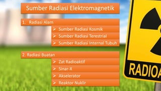 Sumber Radiasi Elektromagnetik
1. Radiasi Alam
2. Radiasi Buatan
 Sumber Radiasi Kosmik
 Sumber Radiasi Terestrial
 Sumber Radiasi Internal Tubuh
 Zat Radioaktif
 Sinar-X
 Akselerator
 Reaktor Nuklir
 