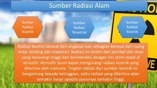 Sumber Radiasi Alam
Radiasi kosmis berasal dari angkasa luar, sebagian berasal dari ruang
antar bintang dan matahari. Radiasi ini terdiri dari partikel dan sinar
yang berenergi tinggi dan berinteraksi dengan inti atom stabil di
atmosfir. Atmosfir bumi dapat mengurangi radiasi kosmik yang
diterima oleh manusia. Tingkat radiasi dari sumber kosmik ini
bergantung kepada ketinggian, yaitu radiasi yang diterima akan
semakin besar apabila posisinya semakin tinggi.
Sumber
Radiasi
Kosmik
Sumber
Radiasi
Terestrial
Sumber
Radiasi
Kosmik
 