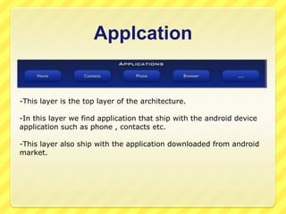 Applcation

-This layer is the top layer of the architecture.
-In this layer we find application that ship with the android device
application such as phone , contacts etc.
-This layer also ship with the application downloaded from android
market.

 