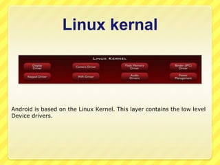 Linux kernal

Android is based on the Linux Kernel. This layer contains the low level
Device drivers.

 