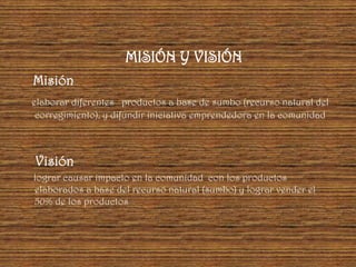 MISIÓN Y VISIÓN
Misión
elaborar diferentes productos a base de sumbo (recurso natural del
 corregimiento), y difundir iniciativa emprendedora en la comunidad



Visión
lograr causar impacto en la comunidad con los productos
elaborados a base del recurso natural (sumbo) y lograr vender el
50% de los productos
 