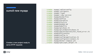 SumUp – A better way to get paid.
sumcli new myapp
Creates a new project ready to
serve HTTP requests
 