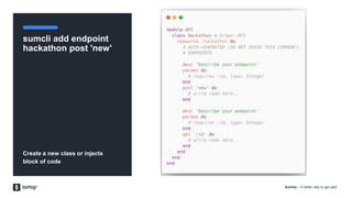 SumUp – A better way to get paid.
sumcli add endpoint
hackathon post 'new'
Create a new class or injects
block of code
 