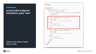 SumUp – A better way to get paid.
sumcli add endpoint
hackathon post 'new'
Create a new class or injects
block of code
 