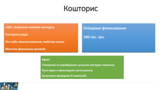 Кошторис
Сайт, соціальна мережа конкурсу
Експертна рада
Он-лайн консультування, майстер-класи
Монтаж фінальних роликів
Ефект:
Створення та опробування сучасних методик навчання
База відео з прикладами застосування
Залучення провідних ІТ-компаній
Очікуване фінансування
100 тис. грн.
 