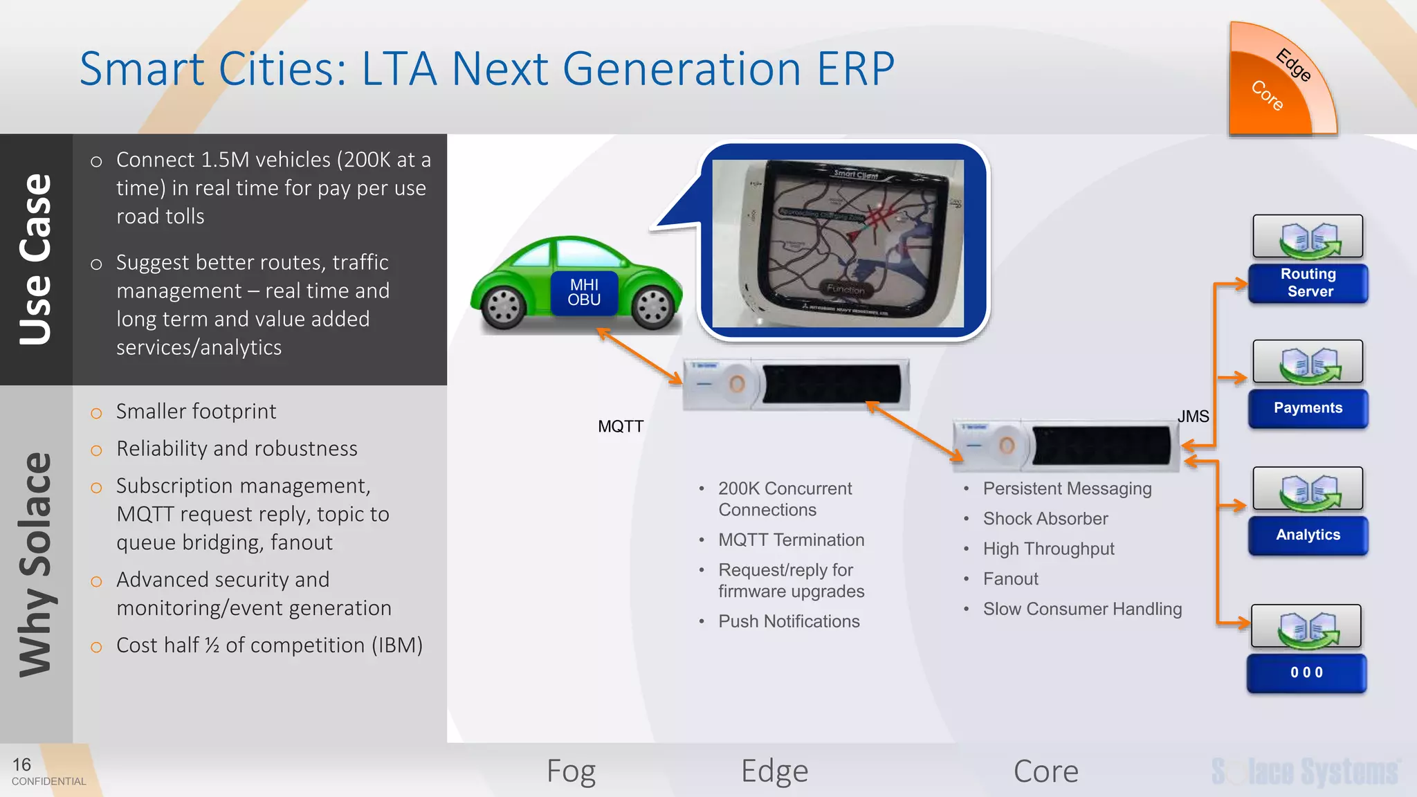 16
CONFIDENTIAL
Smart Cities: LTA Next Generation ERP
Routing
Server
Payments
Analytics
0 0 0
• 200K Concurrent
Connections
• MQTT Termination
• Request/reply for
firmware upgrades
• Push Notifications
• Persistent Messaging
• Shock Absorber
• High Throughput
• Fanout
• Slow Consumer Handling
MQTT
JMS
Edge CoreFog
UseCase
o Connect 1.5M vehicles (200K at a
time) in real time for pay per use
road tolls
o Suggest better routes, traffic
management – real time and
long term and value added
services/analytics
WhySolace
o Smaller footprint
o Reliability and robustness
o Subscription management,
MQTT request reply, topic to
queue bridging, fanout
o Advanced security and
monitoring/event generation
o Cost half ½ of competition (IBM)
MHI
OBU
 
