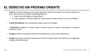 © UNED
EL DERECHO EM PRÓXIMO ORIENTE
• 5) Asiria: Las más antiguas son las Leyes Capadocias del Karum de Kanish. Se conocen también las
leyes meso-asirias que constan fundamentalmente de:
• 1. Actas, como las tablillas de Tiglat-Pileser I.
• 2. Leyes neoasirias, de época sargónica, conservadas en textos de Nínive, Nimrud y Tell-Halaf.
• 6) Ebla (III-II Milenio): Se conocen texto jurídicos, pero no un Código.
• 7) Shemshara y Nuzi: Se conocen textos hurritas, escritos en acadio, contaminados de derecho
babilónico y asirio.
• 8) Ugarit: Muestra la extensión del Derecho mesopotámico a las costas mediterráneas.
• 9) Hatti: Se conocen dos series de leyes que forman el tratado jurídico más extenso de la antigüedad,
después del de Hammurabi.
HISTORIA ANTIGUA I: PRÓXIMO ORIENTE Y EGIPTO - SÚMER 50
 
